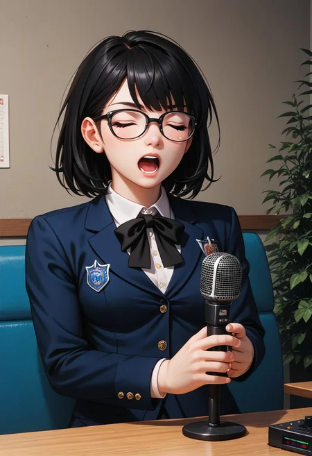(score_9, score_8_up, score_7_up, highest score, best quality:1.2), zPDXL3, NEGATIVE_HANDS, detail1eye, hi-res. 8k, source_anime BREAK 1girl, reikoif, medium hair, black hair, closed eyes. blazer, pleated skirt, glasses, white socks, holding microphone, open mouth BREAK karaokeroom, AT-CLM7000TX, microphone, denmoku, table, couch, screen, joypad (indoors:1.3), front view, sharp colors, perfect face, perfect hands, perfect eyes, (detailed realistic background:1.3), (high quality:1.1), (ultra detailed:1.4), <lora:pony_good_hands:0.7>, <lora:add-detail-xl:1>, <lora:xl_more_art-full_v1:0.5>