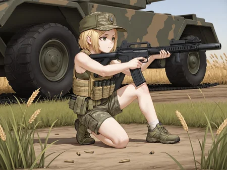 1girl, solo, aiming, on one knee, tiptoes,
<lora:Marichka-AZOV chan (IL)_v1-dedededestruction:0.6> marichka, sports bra, military coat, holding assault rifle, ar-15, trigger discipline, military hat, camouflage jacket, bulletproof vest, belt pouch
huge tank, size difference, tank's caterpillar wheels, ground, wheat field, tall grass, rocks, empty shells, bullets, shooting