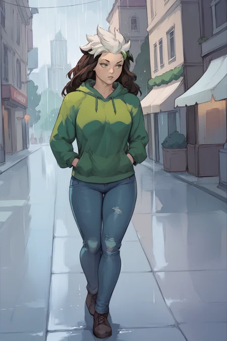 score_9, score_8_up, score_7_up, masterpiece, high quality, BREAK
 <lora:RoguePonyLora:0.9>rgue, multicolored hair, long hair, dyed bangs, green hoodie, jeans, walking on a street, rain, grey sky, hands in pocket