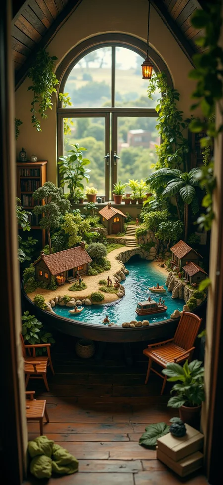 (indoor,very wide isometric view,tilt-shift lens:1.6), (windowless,fna_style,miniature,miniature,diorama,miniature,diorama,PVC,plastic:2),dawn jungle,beach,1910s village with car  at (floating island,levitating  island:1.5) on (table:2) at (attic:2.5)   <lora:Diorama_Flux:1>
 <lora:Fantasy_Novel_Art_Style:1>