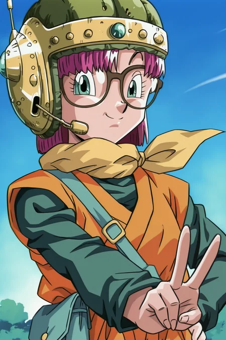 anime screencap, anime coloring, detailed face, perfect fingers, masterpiece, best quality, very aesthetic, absurdres, volumetric lighting,
blue sky, outdoors,
<lora:Chrono_Trigger_anime_cutscene_style:1>
Chrono Trigger style, retro artstyle, 1990s (style),
Lucca (character), 1girl, solo, glasses, helmet, v, purple hair, smile, scarf, retro artstyle, short hair, green eyes, looking at viewer, one hand out