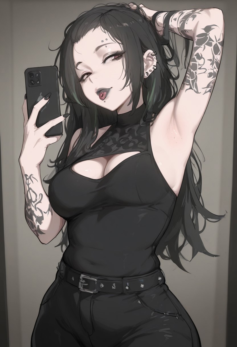 masterpiece, detailed, best quality, very aesthetic, absurdres, good quality, intricate details, dynamic lighting, perfect anatomy, solo, 1girl, (mature female:1.2), goth, alt, goth mommy vibes, baddie, "bad bitch", perky medium breasts, mild hips, (black hair color with green streaks, long hair style with a middle part, no bangs, forehead), brown eyes, droopy eye shape, pale, (goth makeup, eyeliner, wing tips makeup, black lipstick), plump lips, painted black fingernails, ear piercings, angle bite piercings, eyebrow piercing, hand tattoos, arm tattoos, chest tattoos, goth bustier top, black velvet pants, fashionable studded belt, sexy pose, mirror selfie, holding cellphone, tongue out, long detailed tongue, lifting own hair, tousling own hair, one arm up, armpit stubble, cowboy shot,