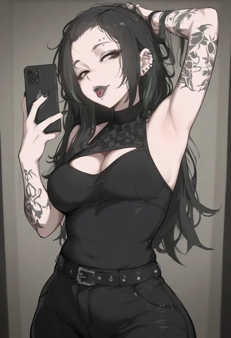 masterpiece, detailed, best quality, very aesthetic, absurdres, good quality, intricate details, dynamic lighting, perfect anatomy, solo, 1girl, (mature female:1.2), goth, alt, goth mommy vibes, baddie, "bad bitch", perky medium breasts, mild hips, (black hair color with green streaks, long hair style with a middle part, no bangs, forehead), brown eyes, droopy eye shape, pale, (goth makeup, eyeliner, wing tips makeup, black lipstick), plump lips, painted black fingernails, ear piercings, angle bite piercings, eyebrow piercing, hand tattoos, arm tattoos, chest tattoos, goth bustier top, black velvet pants, fashionable studded belt, sexy pose, mirror selfie, holding cellphone, tongue out, long detailed tongue, lifting own hair, tousling own hair, one arm up, armpit stubble, cowboy shot,