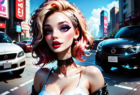 car, parked, city, score_9, score_8_up, score_7_up, score_6_up, score_5_up, score_4_up, UHD, 8K, masterpiece, detailed, ultra_high_resolution, lots of detail, OverallDetailXL, detailxl, lapping car,print car,painted car style, vehicle focus, picture of female face on the car, BlackRoseT.