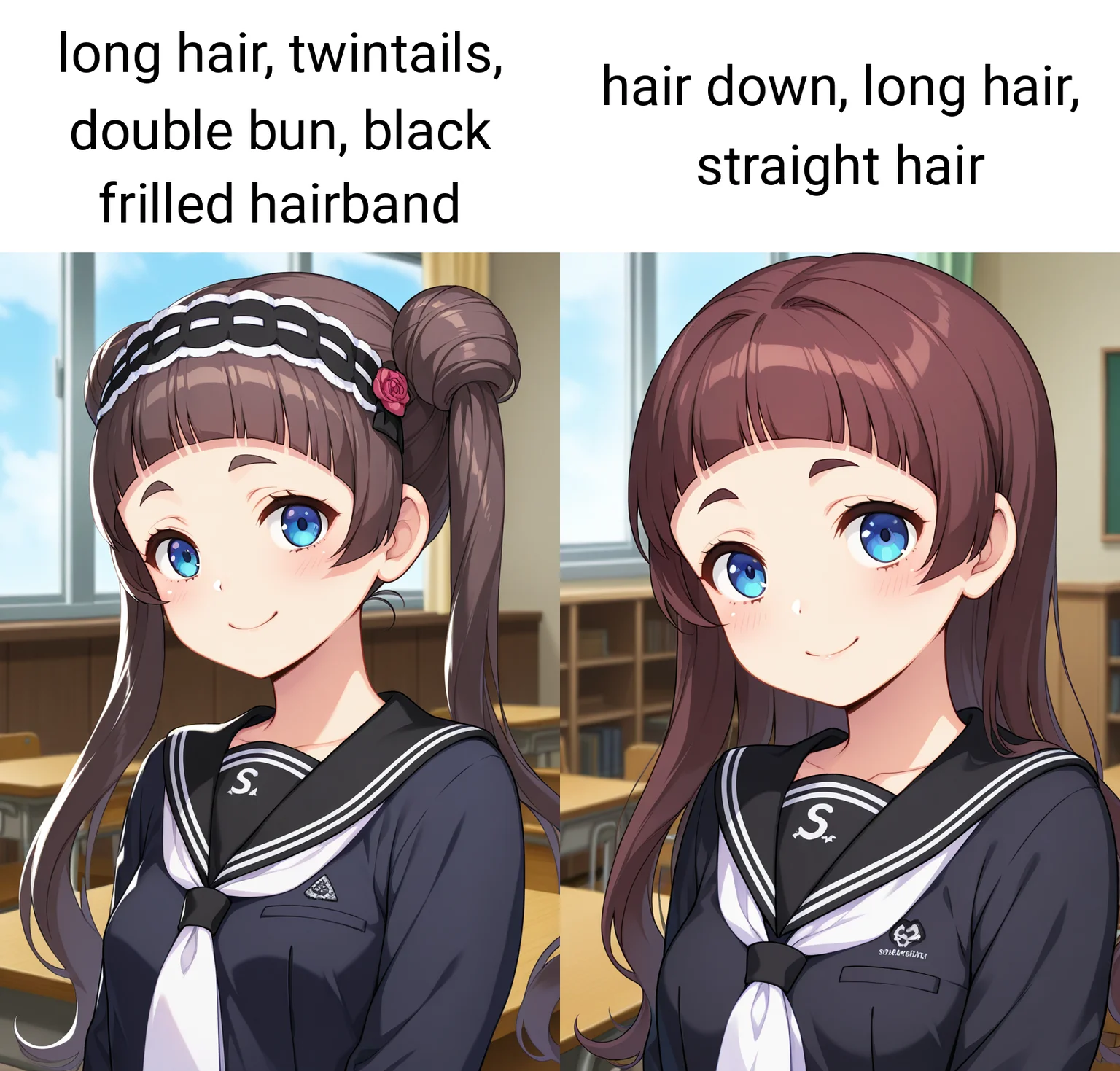 masterpiece, best quality, amazing quality, absurdres, 1girl, solo, (portrait:1.2), saayaww, blue eyes, brown hair, long hair, twintails, double bun, black frilled hairband, blunt bangs, thick eyebrows, small breasts, school uniform, black serafuku, black sailor collar, white neckerchief, black shirt, looking at viewer, smile, indoors, day, skindentation, detailed clothing folds, depth of field, sharp, high contrast, dynamic light <lora:Kurotsuki_Saaya_Shinsou_Noise_ill:0.8>