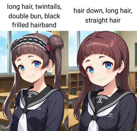 masterpiece, best quality, amazing quality, absurdres, 1girl, solo, (portrait:1.2), saayaww, blue eyes, brown hair, long hair, twintails, double bun, black frilled hairband, blunt bangs, thick eyebrows, small breasts, school uniform, black serafuku, black sailor collar, white neckerchief, black shirt, looking at viewer, smile, indoors, day, skindentation, detailed clothing folds, depth of field, sharp, high contrast, dynamic light <lora:Kurotsuki_Saaya_Shinsou_Noise_ill:0.8>