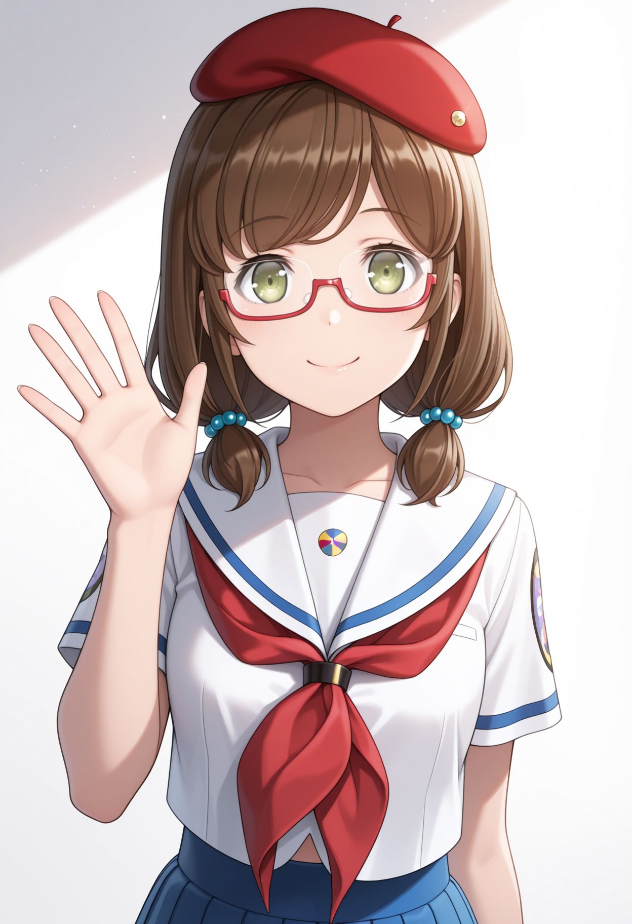 masterpiece,best quality,absurdres,highres,very aesthetic,high quality,detailed,insanely detailed,beautiful,perfect lighting, looking at viewer,solid white background, 1girl, solo, looking at viewer, upper body
 <lora:Momo Aoki:1> 1girl, brown hair, twintails, brown eyes, low twintails, green eyes, hair bobbles, glasses,hat, beret, red headwear, school uniform, semi-rimless eyewear, serafuku, short sleeves, blue skirt, red neckerchief, neckerchief,  smile, waving hands,
