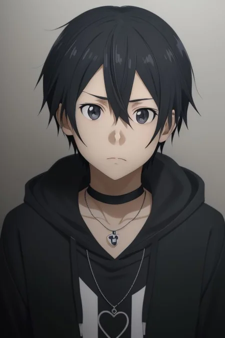 high resolution, solo, best quality, 1Boy, Kazuto Kirigaya, portraits, Black Hair, Black Eyes, bangs, necklace, choker, hair between eyes, Hoodie, OverallDetail