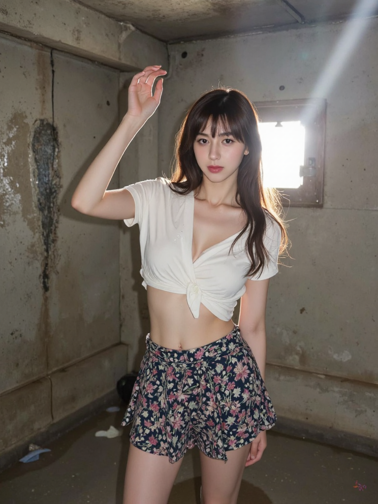 There are wonderful studio lights and various reflections,
18yo beautiful cute girl with blushing and female orgasm.skin naturally showing the texture of blood vessels and detailed pale skin,
--,
<lora:Nakajo_Ayami_f1:1>,she is Nakajo Ayami,
(Wrap_top:1.5),(Floral_printed_skirt:1.4),(Block_heel_sandals:1.3), In the Japanese movie The Perfect Education,in the underground water dungeon,surrounded by wet and broken cement walls,the tall and fair elf queen is soaked in the water and becomes dirty. The water here is so dirty that she cannot breathe and is desperate. A beam of light shines on her chest from the only skylight,and water drops fall,outlining the sexy and beautiful curves of her body.,, #ç¦å®¤å¹æ¬²æ°´ç¢