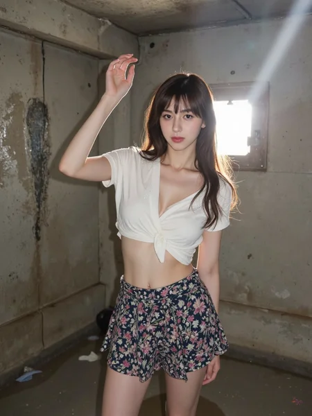 There are wonderful studio lights and various reflections,
18yo beautiful cute girl with blushing and female orgasm.skin naturally showing the texture of blood vessels and detailed pale skin,
--,
<lora:Nakajo_Ayami_f1:1>,she is Nakajo Ayami,
(Wrap_top:1.5),(Floral_printed_skirt:1.4),(Block_heel_sandals:1.3), In the Japanese movie The Perfect Education,in the underground water dungeon,surrounded by wet and broken cement walls,the tall and fair elf queen is soaked in the water and becomes dirty. The water here is so dirty that she cannot breathe and is desperate. A beam of light shines on her chest from the only skylight,and water drops fall,outlining the sexy and beautiful curves of her body.,, #ç¦å®¤å¹æ¬²æ°´ç¢