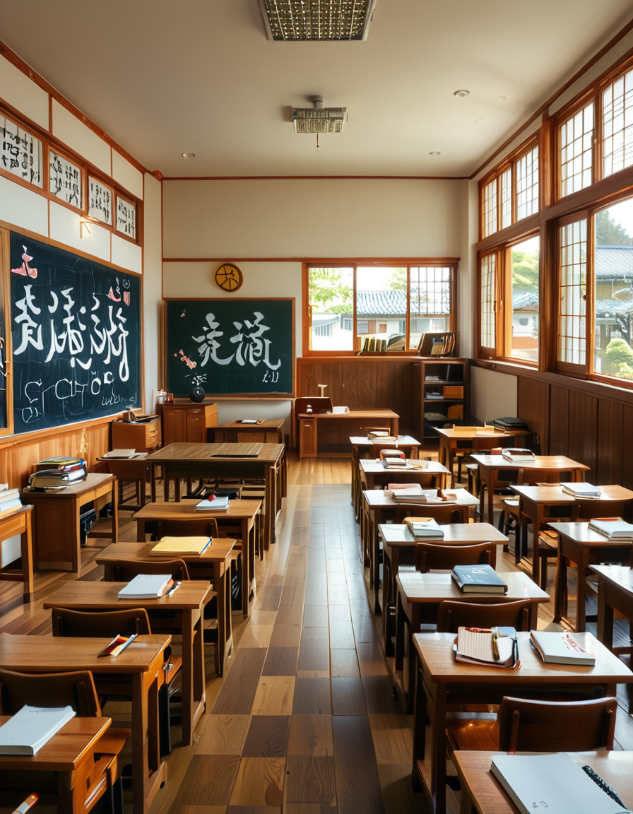 A traditional Japanese classroom during daytime, filled with wooden desks and chairs neatly arranged in rows. Large windows on one side let in natural light, showing a view of cherry blossom trees outside. The room has a chalkboard at the front with neatly written Japanese characters, and a teacher's desk with books and stationery. Educational posters with kanji and hiragana hang on the walls, alongside a clock above the board. The floor is polished wood, reflecting the soft sunlight. The atmosphere is calm and orderly, evoking a nostalgic and warm feeling. The image is highly detailed, realistic, and well-lit, capturing the traditional Japanese school environment.
<lora:SDXLFaeTastic2400:0.4> <lora:extremely_detailed:0.4> extremely detailed, <lora:Japanese_cl4ssr00m:1>,Japanese cl4ssr00m, Masterpiece,best quality,hi res,8k,hi res,8k,award winning,(sharp focus, intricate, highly detailed),