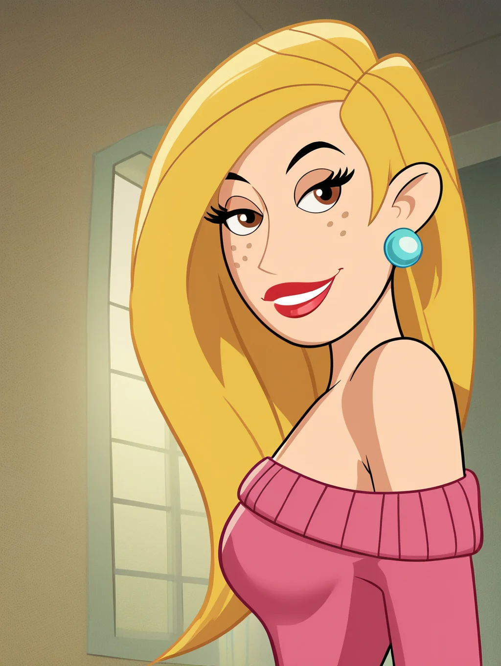 score_9, score_8_up, score_7_up, (toon \(style\):1),(flat colors:1),(close up face:1.4), looking back, from behind,viewer,ultra high quality,ultra high resolution,ultra , seductive,(extremely detailed), detailed background,,(masterpiece, best quality, high quality, highres, ultra-detailed),inside, bedroom in background, spotlight effects.,close up, cowboy shot, dutch angle ,perfect eyes,perfect face,,narrow waist,perfect breasts,perfect eyes,perfect face,eager expression,earrings, looking back, from behind,
<lora:Veronica_Stoppable:0.9> veronica stoppable, toon (style), flat color, freckles, narrow waist, brown eyes, long hair, long eyelashes, long hair, brown eyes, seductive smile, long eyelashes, medium breasts, wide hips, long legs, red lips, looking at viewer,blonde hair, Off-the-shoulder sweater , pastel pink sweater,