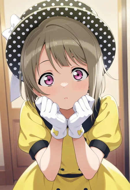 masterpiece,best quality,amazing quality,nakasu kasumi, grey-brown hair, short hair, light magenta eyes, 1girl, solo, yellow dress, hat, polka dot headwear, dress, gloves, asymmetrical hair, white gloves, top hat, puffy sleeves