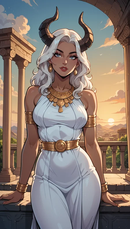 score_9, score_8_up, score_7_up, Western Comics, Cowboy Shot, girl, fantasy, cute, seductive, innocent, light smile:0.3, plump lips, slender body, marble-like skin, Beautifully crafted, large, dark, spiraled horns, adorned with gold, delicate appearance, with ethereal, white hair, the figure is turned away, gazing downward thoughtfully, showcasing detailed wing-like structures and captivating textures throughout, sunset, ancient greek background, depth of field, dynamic angle, fashion photography, sharp, hyperdetailed:1.15