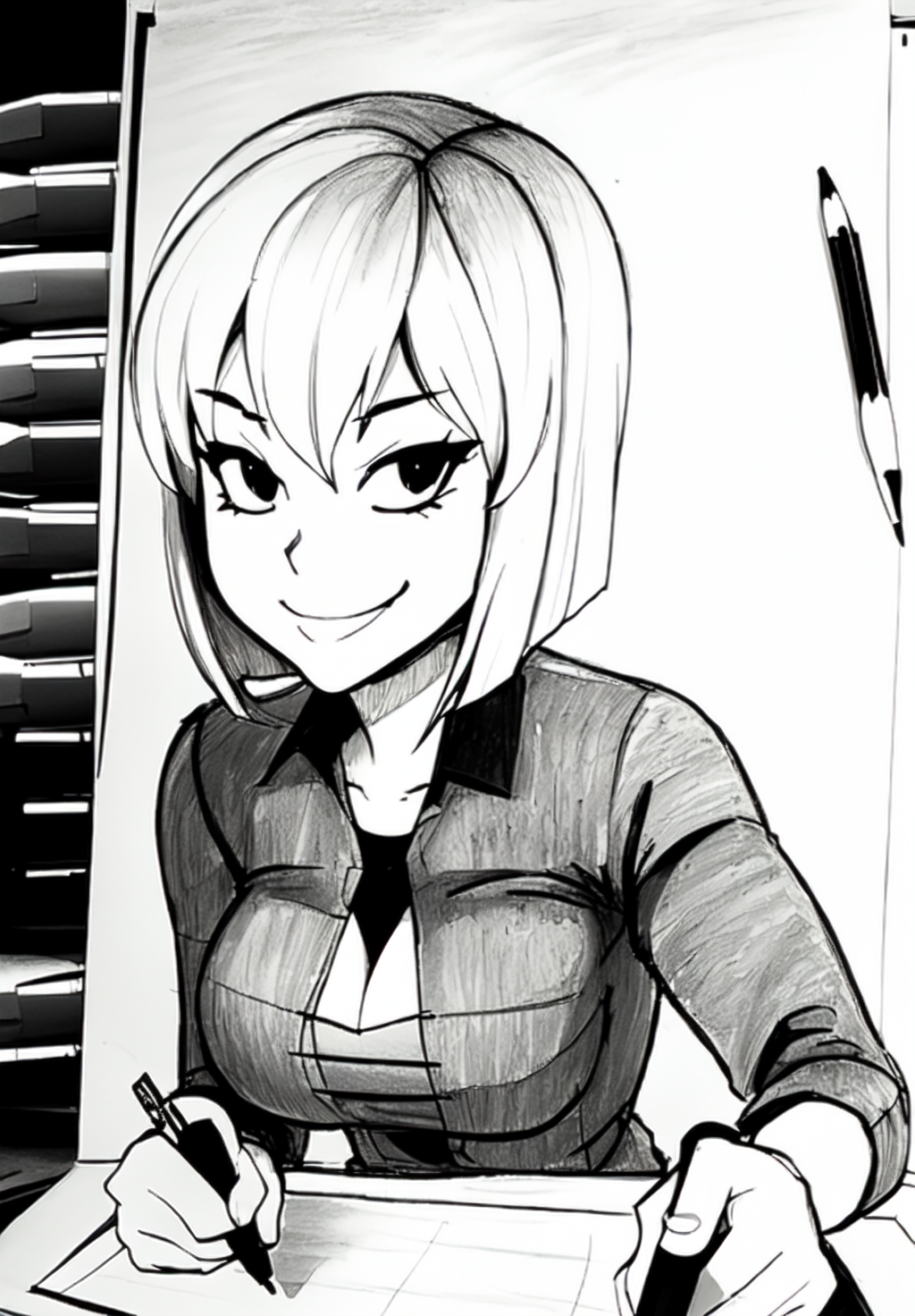 (traditional drawing:1.3), pencil, charcoal, ink, graphite, pastels, sketch, shading, linework, sfw, <lora:vault-girl:0.8>, vault-girl, 1girl, solo, smirk, leaning forward,, (seductive, alluring, charming:1.3), attractive, (trending on CGSociety, trending on pixiv, contest winner:1.3)