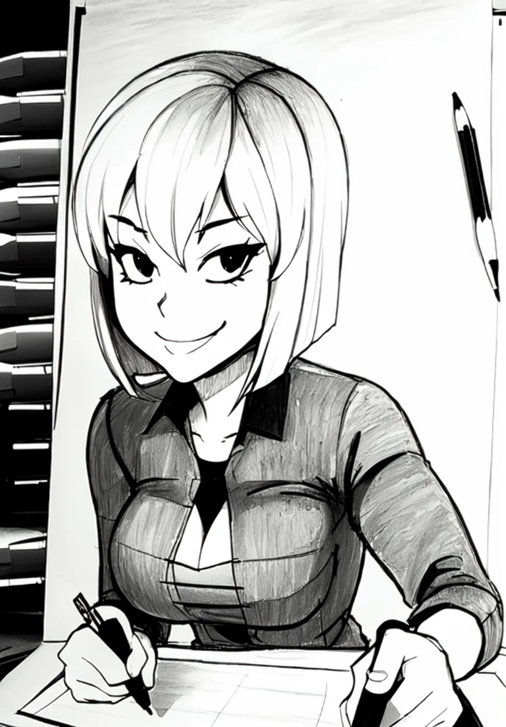 (traditional drawing:1.3), pencil, charcoal, ink, graphite, pastels, sketch, shading, linework, sfw, <lora:vault-girl:0.8>, vault-girl, 1girl, solo, smirk, leaning forward,, (seductive, alluring, charming:1.3), attractive, (trending on CGSociety, trending on pixiv, contest winner:1.3)