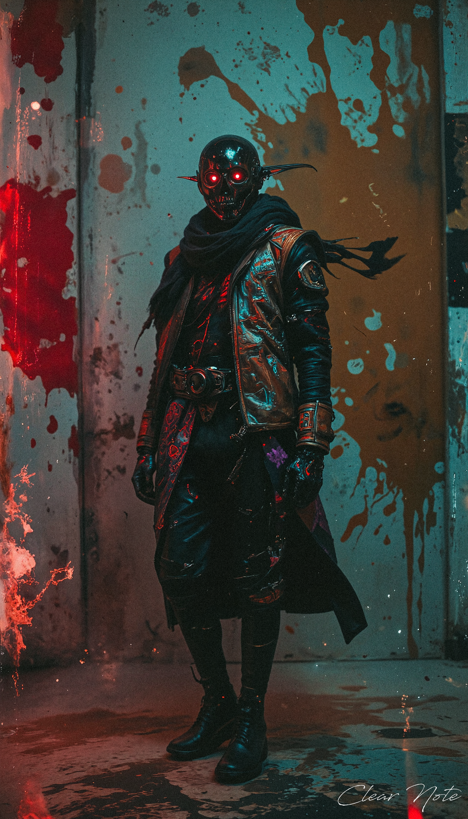 A cyborg reaper stands tall, its glowing red eye piercing through the dark. Behind it, splatters of blood-like ink streak the air, creating a chaotic backdrop. Clad in a sleek, stylish jacket and a scarf that billows in the unseen wind, it exudes an unsettling mix of elegance and menace, as if embodying a living work of macabre art.