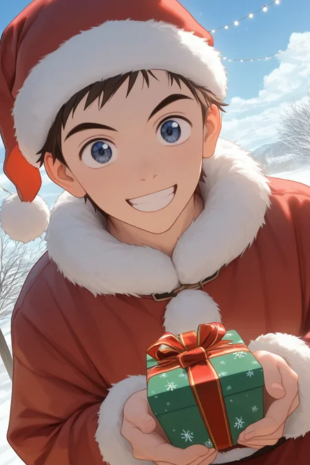 realistic shading, day, snowflake, christmas theme, male focus, looking at viewer, expressive face, holding a gift box, naotafc, brown_naotafc_male hair, blue_naotafc_eyes, 1boy, smiling, santa claus cosplay, red headwear, fur-trimmed coat, outdoors, christmas lights, bokeh, cloud, centered, dutch angle, dynamic angle, intricately detailed illustration, depth of field, masterpiece, best quality, amazing quality, very aesthetic, absurdres, newest