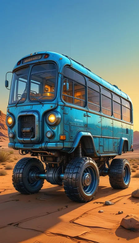(cel-shading:2)+, (in ARTIST style:1.6), (masterpiece:1.7), night, glow blue neon,
hyperrealism, glossy, shinny, clear image, accurate picture, clear picture, precise image, focused image, Science fiction style, Science fiction,
(cozy comfy, science fiction bus vehicle focus, robot, desert background, mecha, wheeled vehicle, transparent glass paint, glass car) comic style, (ultra sharp focus:2), (thin lines:2), (best quality:1.8), night, glow blue neon,
(masterpiece:1.8), (highest detailed:1.8), perfectly lighted, (contrast), (saturated), (((sharp focus))),
(hyperdetailed:1.3), (intricate details:1.2), (Refined details:1.3), (best quality:1.5), highly detailed textures, vibrant colors,
(ultra sharp focus:1.8), (detailed texture:1.8), (detailed edges:1.8), (thin lines:1.8), (best quality:1.8),
<lora:Apparatus_-_Traction_City_Walkers_Vehicles:0.8>,