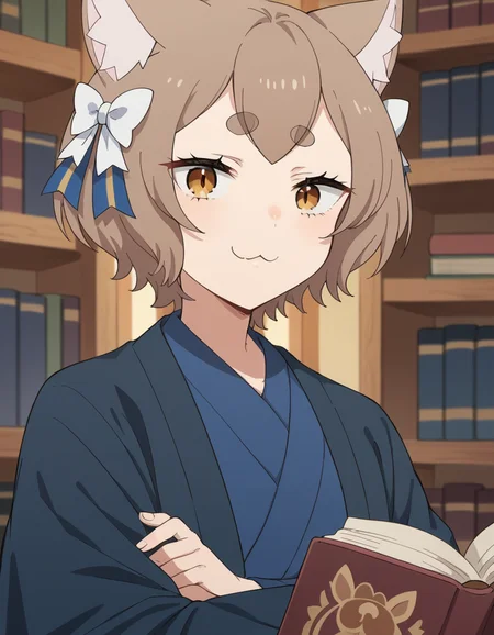 score_9, score_8_up, score_7_up, source_anime, <lora:felix-argyle-s3-p1-ponyxl-lora-nochekaiser:1>, felix argyle, short hair, bangs, brown hair, bow, animal ears, hair bow, male focus, cat ears, eyelashes, bob cut, thick eyebrows, white bow, otoko no ko,, japanese clothes, kimono, blue kimono, library, books, shelves, reading, quiet, smile, crossed arms, smug, looking at viewer, solo,, dutch angle, cowboy shot