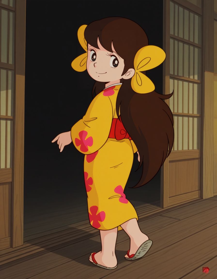 masterpiece, best quality, solo, smile, happy, full body, facing away, looking back, 
<lora:Sakura:1>, saku4a, 1girl, long hair, brown hair, black eyes, yellow kimono, multiple hair bows, 1970s \(style\),