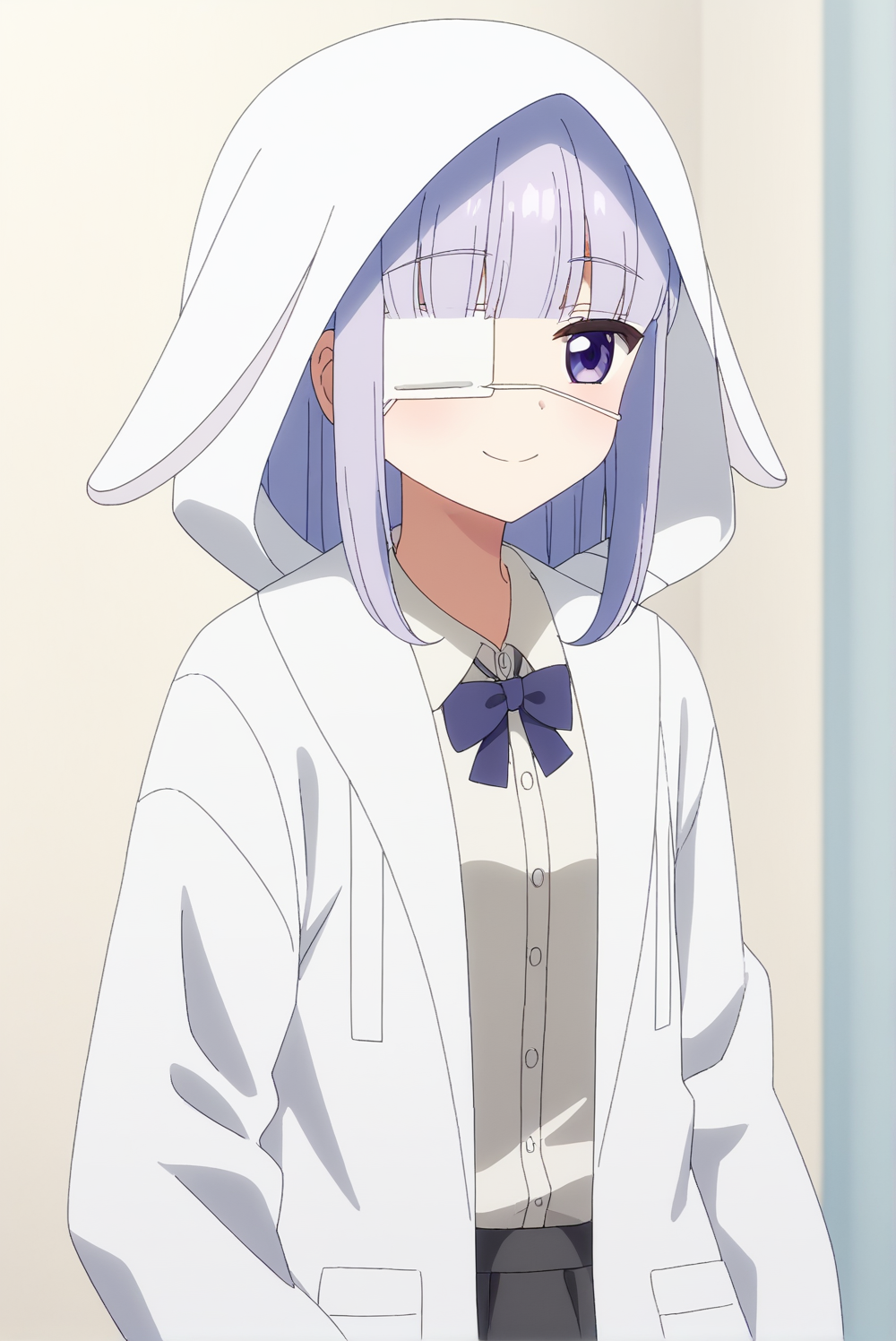 <lora:Lilishka:0.7>, Lilishka, hooded jacket, white jacket, medical eyepatch, white background, upper body, smile