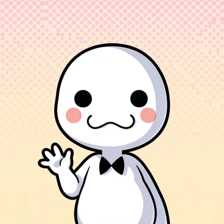 ch0rus_RH, 1boy, solo, no nose, white skin, solid circle eyes, black eyes, :3, smile, masterpiece, absurdres, amazing quality, ultra-detailed, best quality, miniperson, short, no humans, chibi, black bowtie, nude, upper body, blush stickers, hand up, waving, perfect hand, 5 fingers, slightly chubby, 
BREAK 
simple background, polka-dot background, rainbow colors, detailed shading,
