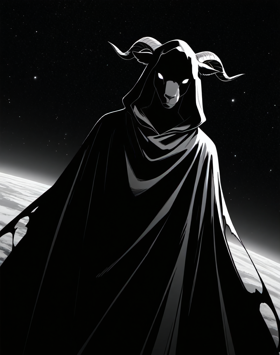 <lora:Moro_Hooded_Form_(Dragonball_Z)_(Illustrious)_(AD):1.35> Moro, hooded cloak, goat, 
dutch angle, exterior, outer space, 
male focus, gradient coloring, solo, cowboy shot, soft shading, old, aged up, dark picture, 
BREAK very awe, aesthetically pleasing, masterpiece, best quality, amazing quality, very aesthetic, perfect depth of field shot, in'ei, furry_art, source_furry, source_anime,
EZRealPONYXL, zPDXL, Smooth Quality, lazympos, IllustQualXL_Pos,
