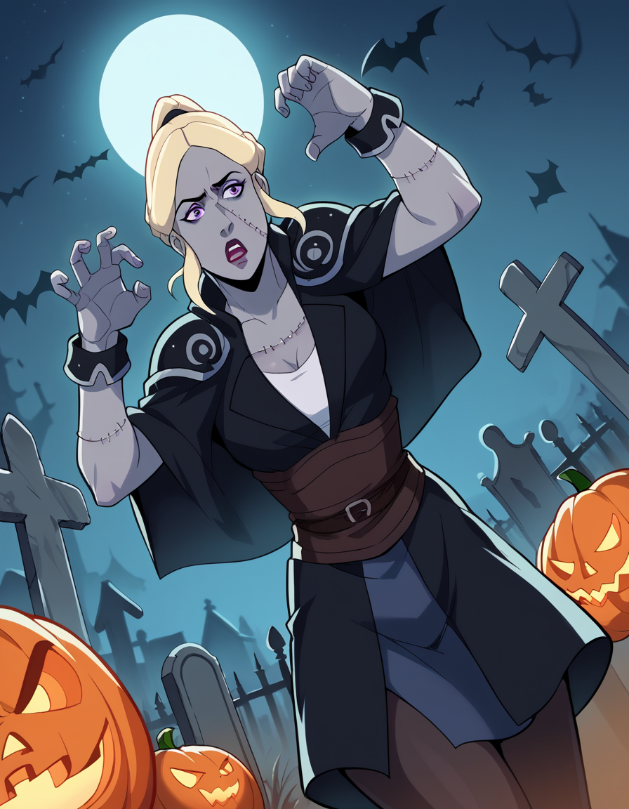 score_9, score_8_up, score_7_up, source_anime, <lora:allura-vysoren-s3-ponyxl-lora-nochekaiser:1>, allura vysoren, ponytail, blonde hair, sidelocks,purple eyes, makeup, lipstick, <lora:zombie-ponyxl-lora-nochekaiser:1>, zombie, colored skin, stitches, grey skin, multicolored skin, stitched face, zombie pose, halloween, halloween costume,, night, moon, graveyard, tombstone, grave, open mouth, , dutch angle, cowboy shot