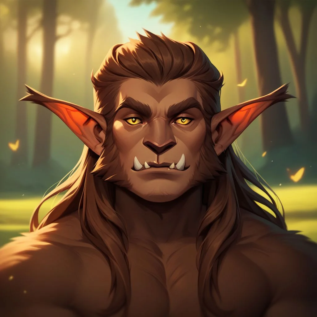 (((beautiful, high quality))), upper body, score_9, score_8_up, score_7_up, solo,
Bugbear, furry, pointed ears, fangs, 1boy, male focus, yellow eyes, brown fur, long hair,
outdoor, fantasy background, nature, blurred background,