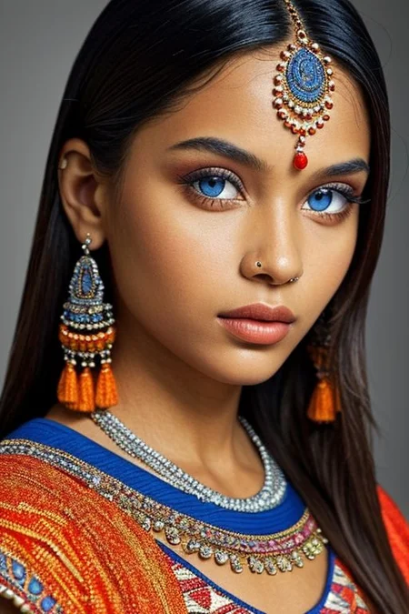 close-up photographic portrait of woman with strikingly vibrant blue-silver eyes. Soft shoulders showing. The face should, intricate, tribal-inspired art, patterns, reminiscent of beadwork and ceremonial embellishments, scheme, rich reds, oranges, blues --ar 2:3