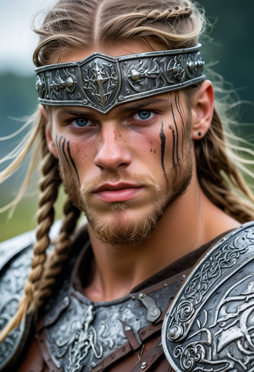 young man viking warrior, shiny metal, grime, just returned from battle, intricately detailed, <lora:sdxl_lightning_8step_lora:1>