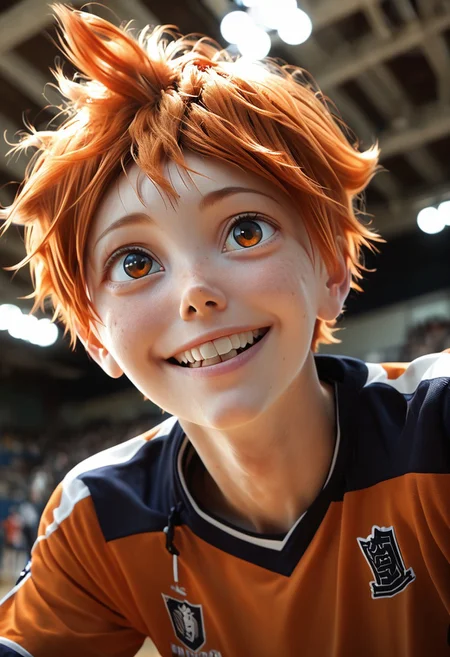 score 9, score 8, score 7, score 6, film grain, indoor, gym, camera angle, 1 boy, solo, hinata shoyo, orange hair, orange eyes, volleyball uniform, smile, looks up at the viewer <lora:shounen_zoomXL_ot_v4d-AMXL_V2 Score:0.95> <lora:Hinata_Shoyo:0,75>