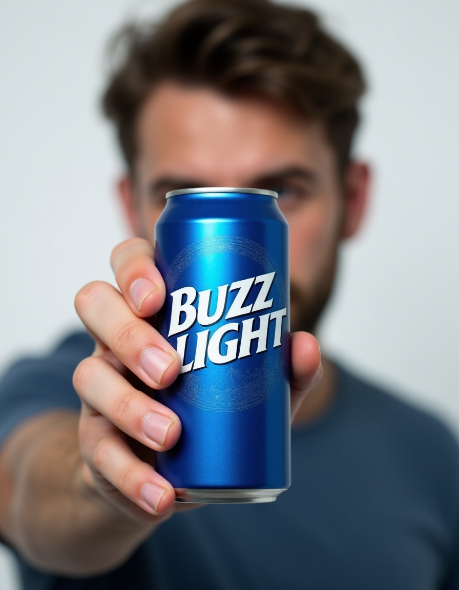 photo for ad of beer aluminum can, blue color, text "Buzz Light", white background, man holds can, man puts his hands forward in front of the camera, close view on can, bokeh