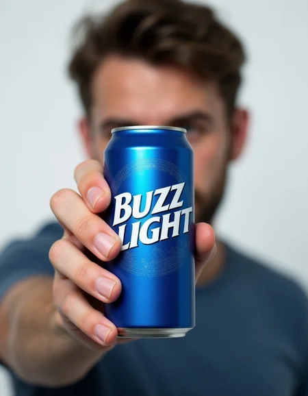 photo for ad of beer aluminum can, blue color, text "Buzz Light", white background, man holds can, man puts his hands forward in front of the camera, close view on can, bokeh