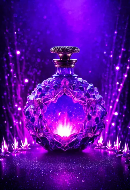 Score_9, Score_8, high_def, highest quality, 4k, best quality, masterpiece, focused, defined, Photorealistic magic potion, intricate glass bottle, elixir, vibrant pink and prrple colors, ethereal light, wax seal, flashy lights, magic lights, luminous, dynamic reflections, magical aura, highly detailed, fantasy essence, glowing particles, radiant aura, made of sparkling amethyst crystals