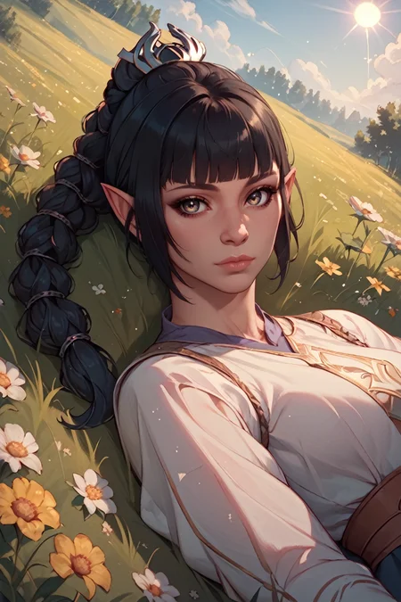 score_9, score_8_up, score_7_up, score_6_up
<lora:BGShadowH:1.0>
BGShadowH, 1girl, braided ponytail, pointy ears, black hair, blunt bangs, looking at viewer, lying in a field of wildflowers, arms stretched out, sun shining through the clouds, soft and warm lighting, peaceful and nature-connected feeling