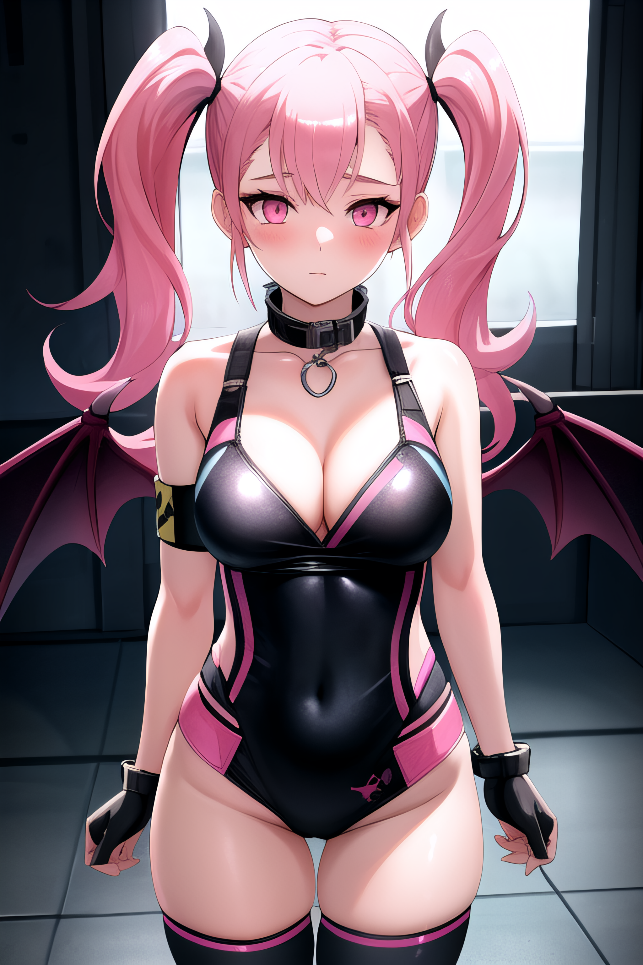 <lora:ellie:1>,((ellie:1.4)), pink hair, pink eyes, long hair, twintails, bangs,  cowboy shot,, (((masterpiece, best quality, ultra-detailed, ray tracing))), deph of field, (perfect face, detailed face),shiny eyes, fair skin,((high quality face, soft skin )), (collarbone, cinematic light, cinematic shadow),, armband, bare shoulders, chain, cleavage, collar, demon girl, demon tail, demon wings, revealing clothes, ribbon, wings, socks, gloves, kneehighs, thighs,