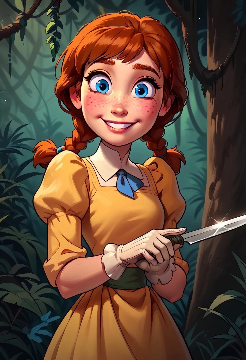 score_9, score_8_up, score_7_up, score_6_up, rating_safe, 1girl, 18yo anna, blue eyes, freckles, auburn hair, puffy sleeves, yellow dress, white gloves, two short braids, big eyes, cutest girl in the world, cute cheeks, thigh gap, petite, freckles, freckled girl, bubble butt, kinky, adorable, petite, round face, skinny, smiling, adorable, holding machete,
jungle background, detailet background