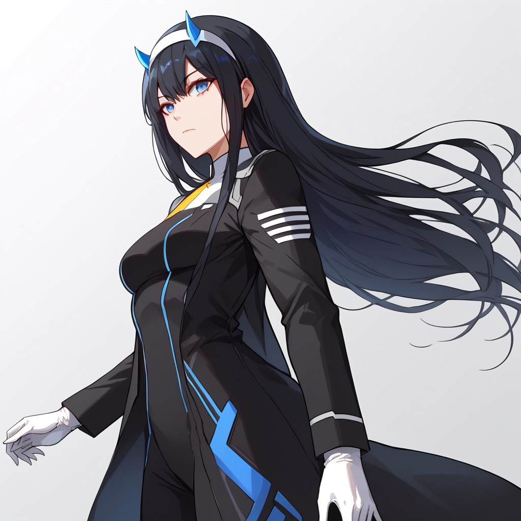 masterpiece, best quality, 1girl, blue eyes:1.5, (blue sunglasses), black suit, white long gloves, white long boots, black coat, black hair, solo, zero two, hairband, horns, long hair, blue horns, white hairband, upper body, medium breasts,
