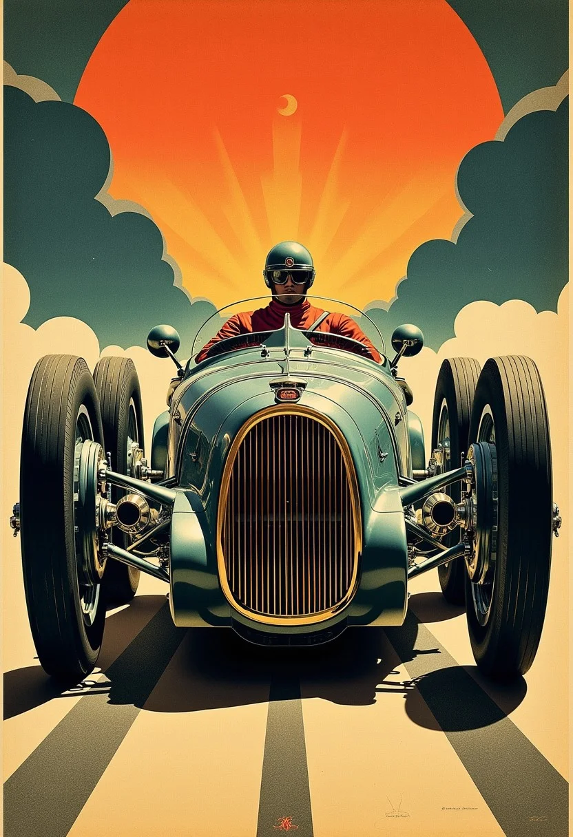 ArsMJStyle, ArtDecoVintageFuture, art deco poster style of 1930s Bugatti racing car