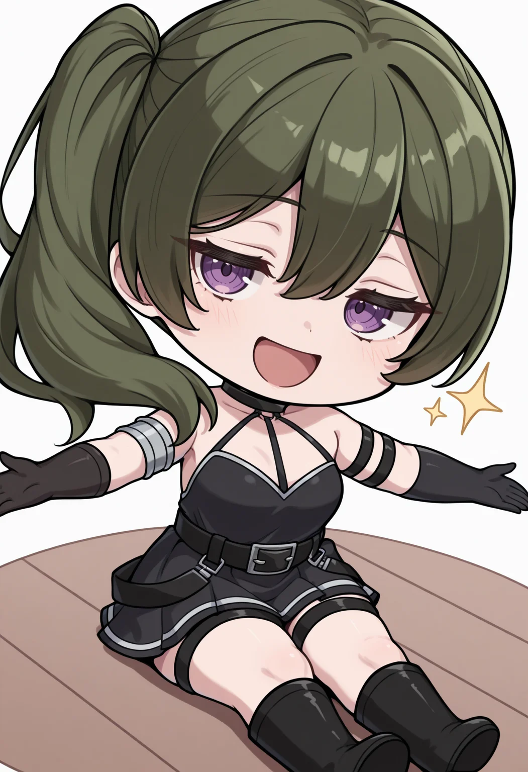 masterpiece, best quality, 1girl, solo, Ch4mUbel, purple eyes, dark green hair, medium hair, side ponytail, black choker, arm strap, armlet, black dress, halter dress, short dress, belt, sleeveless, single glove, black gloves, thigh strap, black knee boots, :d, happy, sitting, on floor, sparkles, spread arms, chibi, meme, thick lines, simple background, white background, <lora:ChamUbelIllustriousXL:1>