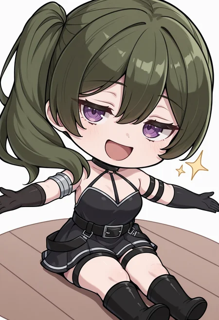 masterpiece, best quality, 1girl, solo, Ch4mUbel, purple eyes, dark green hair, medium hair, side ponytail, black choker, arm strap, armlet, black dress, halter dress, short dress, belt, sleeveless, single glove, black gloves, thigh strap, black knee boots, :d, happy, sitting, on floor, sparkles, spread arms, chibi, meme, thick lines, simple background, white background, <lora:ChamUbelIllustriousXL:1>