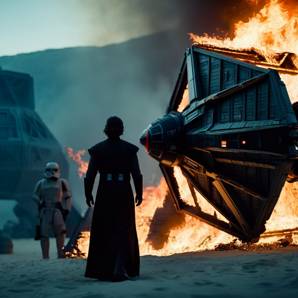 cinematic film still of  <lora:star wars style:1.5>
In star wars universe a jedi standing in front of a wrecked TIE fighter set on fire star wars style, shallow depth of field, vignette, highly detailed, high budget, bokeh, cinemascope, moody, epic, gorgeous, film grain, grainy