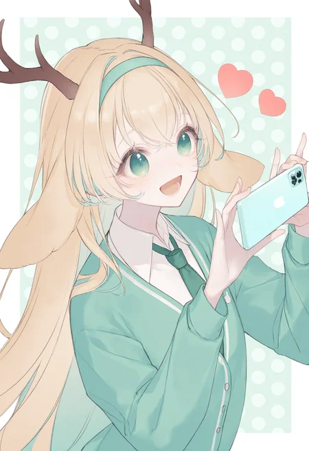<lora:myc1_noob1.1-000189:0.9>,(yoggi \(stretchmen\):0.3),1girl, animal ears, phone, horns, deer antlers, antlers, solo, open mouth, blonde hair, holding, cellphone, necktie, virtual youtuber, shirt, deer ears, heart, deer girl, long hair, smartphone, hairband, green eyes, holding phone, white shirt, cardigan, smile, green necktie, long sleeves, collared shirt, green hairband, white border, multicolored hair, polka dot, border, school uniform, polka dot background, colored inner hair, outside border, :d, upper body,
masterpiece,best quality,newest,absurdres,highres,very awa,