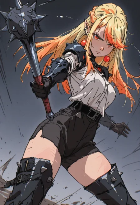 masterpiece, amazing quality, absurdres, 4ur4_illu, fl4tgr1t, sketch, dark_fantasy_style, dark fantasy, retro,
(Girl:0.0), 1girl, (solo), yellow hair, half up braid, straight hair, multicolored hair, swept bangs,
orange eyes, ultra-detailed anime eyes, round eyes, pointed ears, earrings, ear piercing, breasts,
dark spiked armored outfit, white shirt, black shorts, black belt, thigh-high boots,
(Pose:0.0), ((looking at viewer)), standing, (swinging mace), motion blur,
(Emotion:0.0), determined, serious,
(Scene:0.0), cowboy shot, dutch angle, from front, dynamic pose, simple background, depth of field, foreshortening,