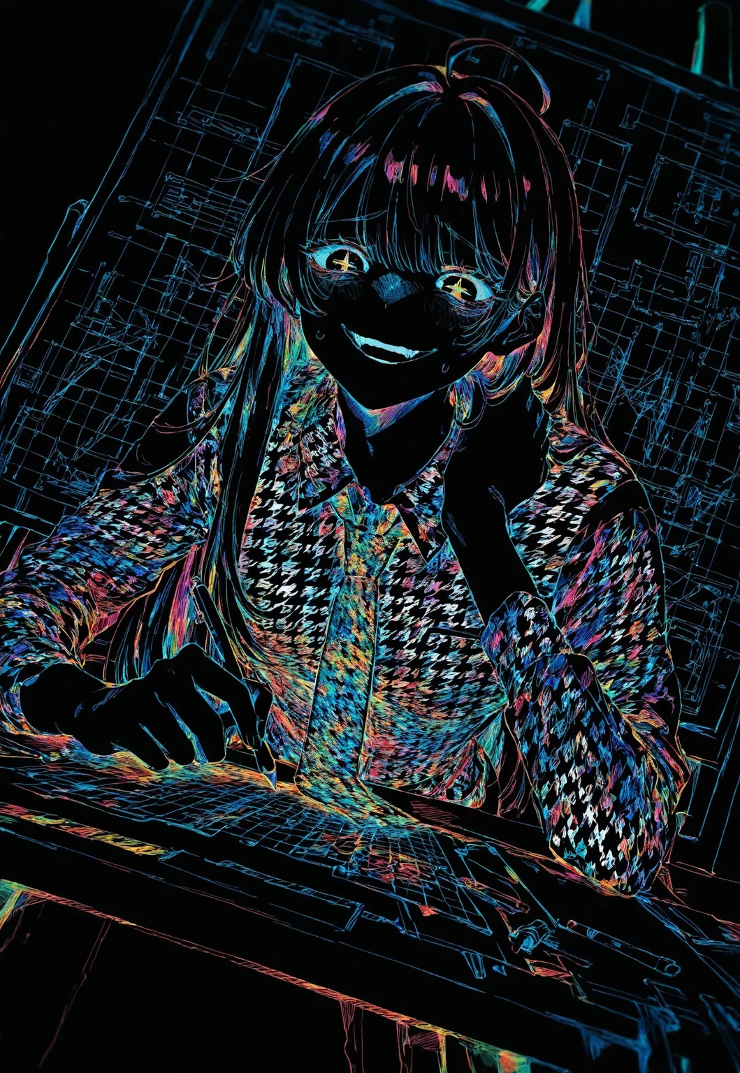 from below, dutch angle, [portrait],
solo, androgynous, mature, holding pencil, looking down, hunched, leaning forward, hand to own neck, long hair, straight hair, ahoge,
furrowed brow, crazy smile, teeth, sweatdrop,
houndstooth shirt, unmoving pattern, necktie,
bags under eyes, black eyes, white pupils,
+_+, eyelashes,
colorful, black background,
studio, easel, painting, blueprint,
masterpiece, absurdres, newest, [dynamic pose]