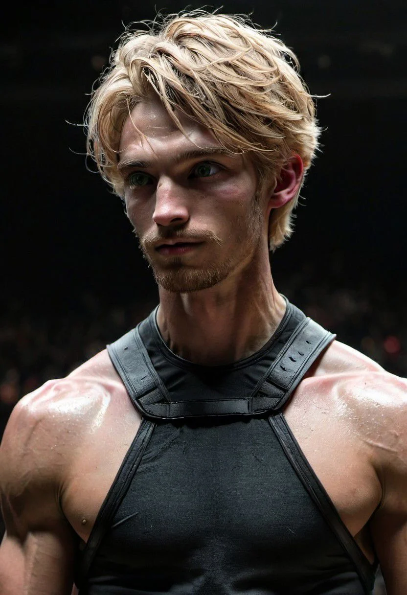 kyle ross, male focus, a handsome 19yo blonde twink, close up of upper body, dynamic posture, dramatic angle, camera angle from below, shirtless, scruff, hands on hip, black leather harness, kinky, 
skinny muscled, slender muscled, skinny, slender features, narrow shoulders, detailed armband tattoo, cute face, boyish face, slender arms, perfect biceps, bicep veins, bulging veins, defined veins, great pecs, thin waist, angular face, strong and powerful, sporty, predatory look, feathered hair, long hair, tousled hair, great detail, satisfaction, green eyes, bubble butt, small ass, small butt, tight shorts, 
(Masterpiece, high quality:1.3), masterpiece, depth of field, bokeh, detailed, homoerotic, (homoerotic), highly detailed, sharp focus, intricate, smooth, elegant, fantasy, cinematic lighting, cinematic, masterpiece, matte, photorealistic, 4k, beautiful, volumetric lighting, dramatic, photo-realistic, life-like, high detail, lighting, 8Knematic lighting, 8K, contrast lighting, contrasting lighting, cinematic lighting,