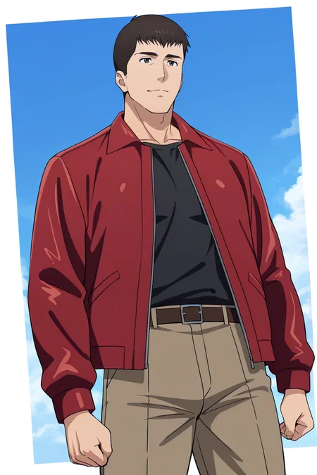 score_9, score_8_up, score_7_up, score_6_up, perfect anatomy, perfect proportions, best quality, masterpiece, high_resolution, high quality, best aesthetic, incredibly absurdres, highres, extremely detailed, huge filesize, solo male, adult, mature, masculine, manly, handsome, charming, alluring, standing, upper body, dutch angle, cowboy shot, perfect face, source_anime \(Brave Bang Bravern\), anime coloring \(Brave Bang Bravern\), BBBSatake, Ryuji Satake \(Brave Bang Bravern\), black hair, short hair, black eyes, BBBSatake_outfit01, black t-shirt, red jacket, brown pants, dark boots,