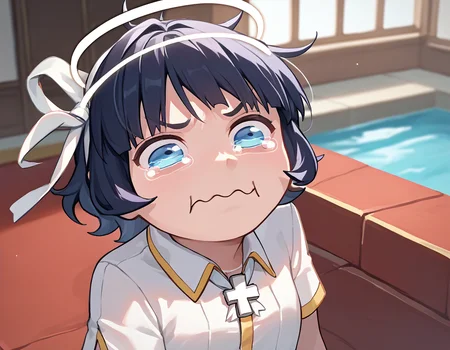 score_9, score_8_up, score_7_up, source_anime, solo, 1girl, htazazel, aquacrying, wavy mouth, closed mouth, tearing up, hair ribbon, white ribbon, halo, white shirt, short sleeves, cross necklace <lora:concept_aquacrying_ponyXL:1> <lora:helltaker_azazel_ponyXL:1>